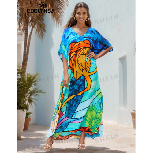 SHEIN Tie Dye Split Hem Cover-Up House V-Neck Kaftan Dress Vacation