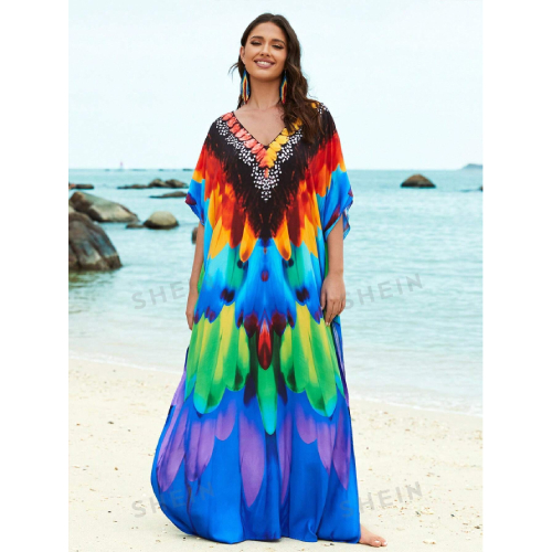 SHEIN Tie Dye Split Hem Cover-Up House V-Neck Kaftan Dress Vacation
