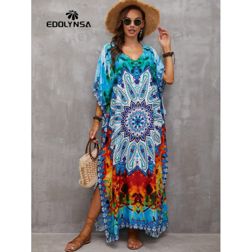 SHEIN Tie Dye Split Hem Cover-Up House V-Neck Kaftan Dress Vacation
