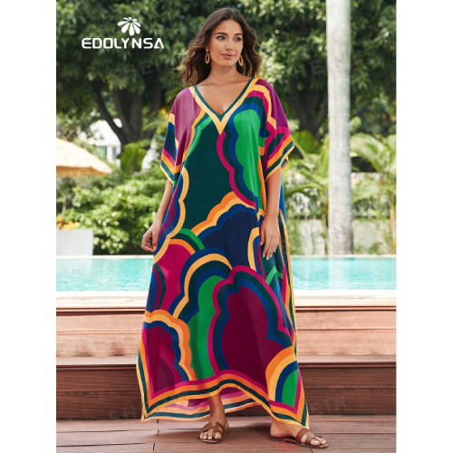 SHEIN Tie Dye Split Hem Cover-Up House V-Neck Kaftan Dress Vacation