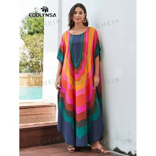 SHEIN Tie Dye Split Hem Cover-Up House V-Neck Kaftan Dress Vacation
