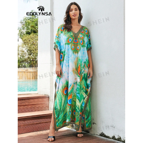 SHEIN Tie Dye Split Hem Cover-Up House V-Neck Kaftan Dress Vacation