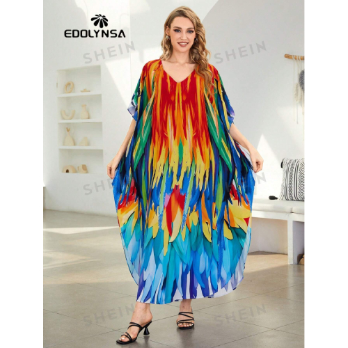 SHEIN Tie Dye Split Hem Cover-Up House V-Neck Kaftan Dress Vacation