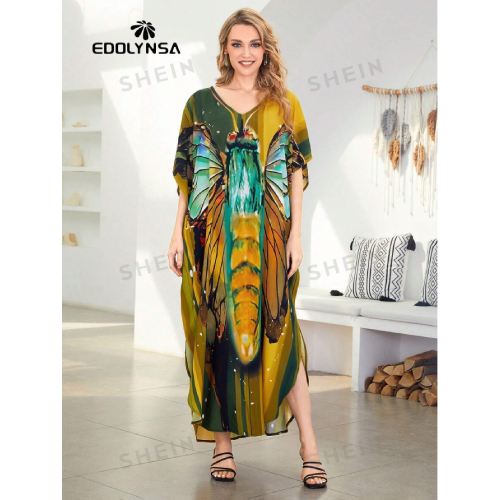SHEIN Tie Dye Split Hem Cover-Up House V-Neck Kaftan Dress Vacation