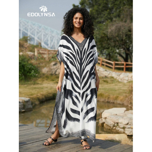 SHEIN Tie Dye Split Hem Cover-Up House V-Neck Kaftan Dress Vacation