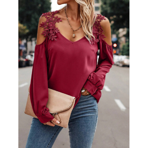 SHEIN LUNE Embroidery Patch Hollow Out Shoulder Women'S Long Sleeve Blouse