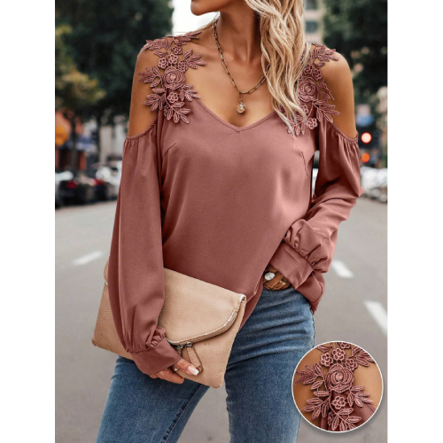 SHEIN LUNE Embroidery Patch Hollow Out Shoulder Women'S Long Sleeve Blouse