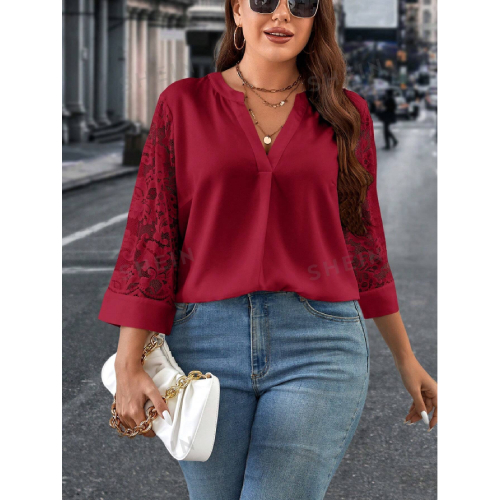 SHEIN Clasi Plus Size Women's Lace Patchwork Notched Neckline Blouse