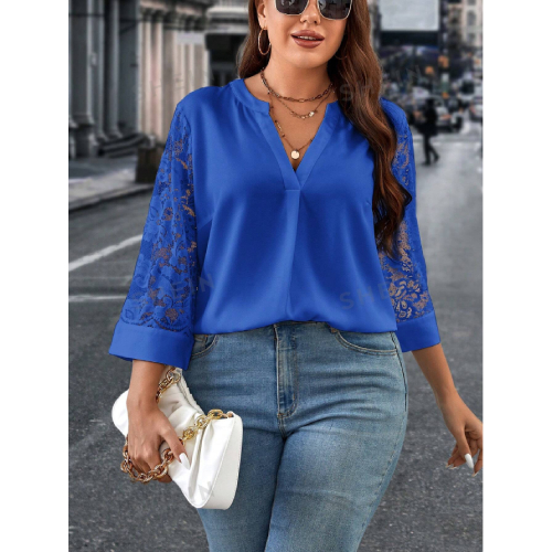 SHEIN Clasi Plus Size Women's Lace Patchwork Notched Neckline Blouse