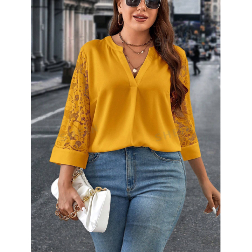 SHEIN Clasi Plus Size Women's Lace Patchwork Notched Neckline Blouse
