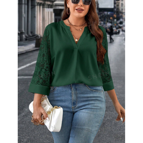 SHEIN Clasi Plus Size Women's Lace Patchwork Notched Neckline Blouse