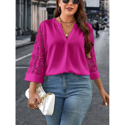 SHEIN Clasi Plus Size Women's Lace Patchwork Notched Neckline Blouse