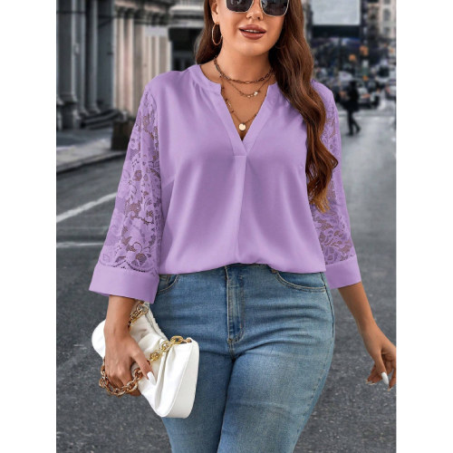 SHEIN Clasi Plus Size Women's Lace Patchwork Notched Neckline Blouse