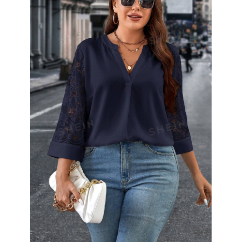 SHEIN Clasi Plus Size Women's Lace Patchwork Notched Neckline Blouse