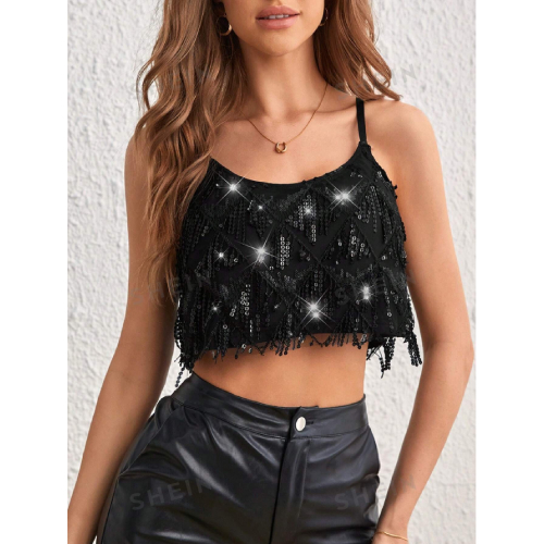 SHEIN Prive Fringe Trim Sequin Decor Crop Cami Top