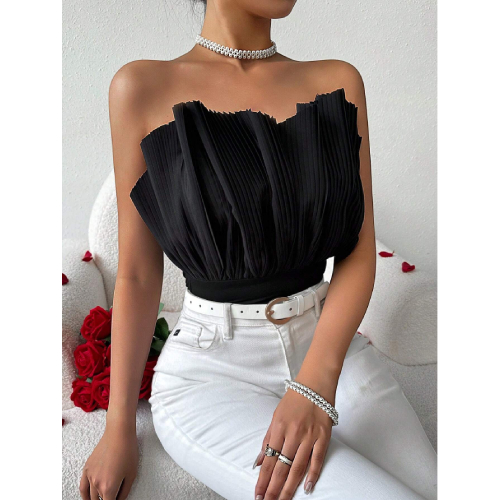 SHEIN Prive Fan-Shaped Pleated Strapless Bodysuit