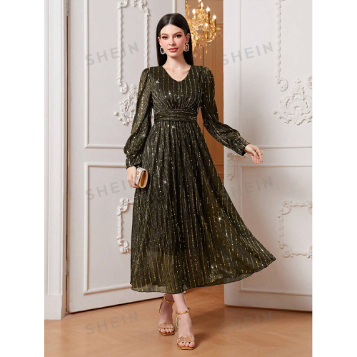 SHEIN Modely V Neck Lantern Sleeve Sequin A-line Dress