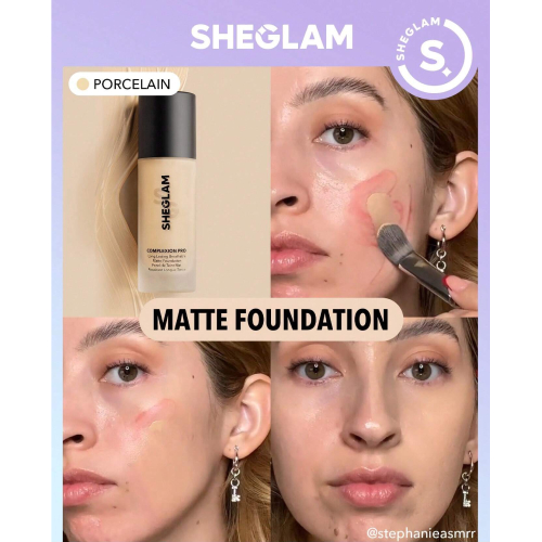 SHEGLAM Complexion Pro Long Lasting Breathable Matte Foundation-Porcelain Matte Sweat-proof Liquid Foundation Oil Control Full Coverage Pore-less Concealer Waterproof Flawless Non-Fading Weightless