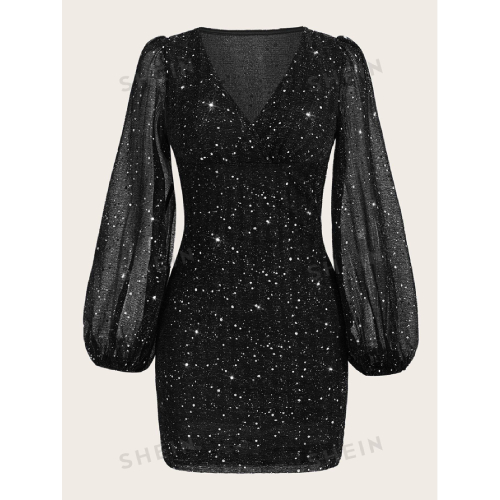 SHEIN BAE Plunge Neck Lantern Sleeve Sequin Bodycon Dress