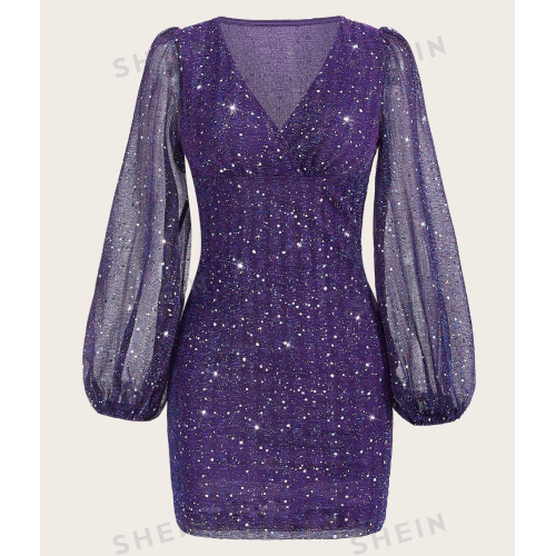 SHEIN BAE Plunge Neck Lantern Sleeve Sequin Bodycon Dress