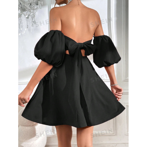 SHEIN Prive Off Shoulder Puff Sleeve Tie Backless Dress
