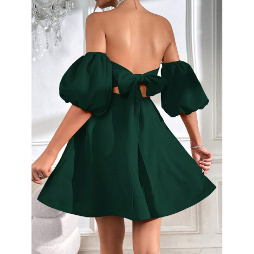 SHEIN Prive Off Shoulder Puff Sleeve Tie Backless Dress