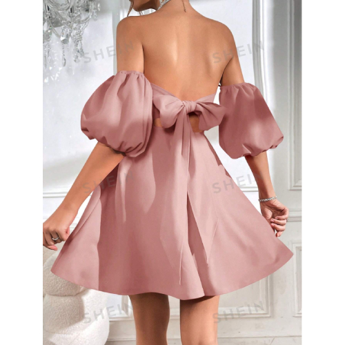 SHEIN Prive Off Shoulder Puff Sleeve Tie Backless Dress