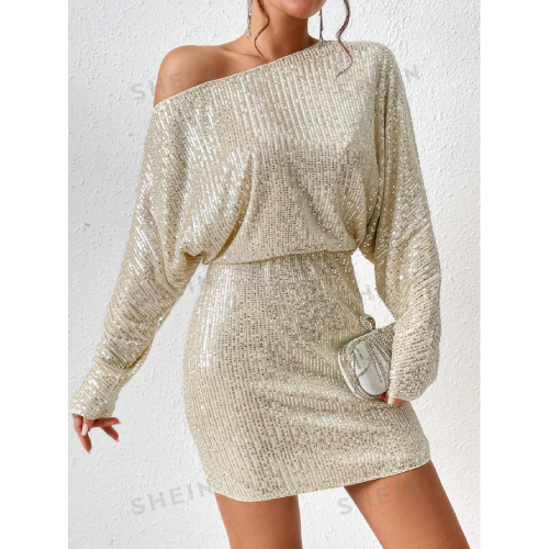 SHEIN BAE Asymmetrical Neck Batwing Sleeve Sequin Dress