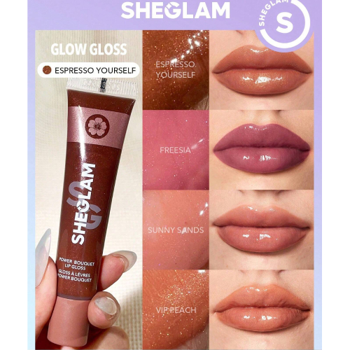 SHEGLAM Power Bouquet Lip Gloss-See It Through Shiny Tinted Moisturizing Lip Gloss Plumping Non-Sticky Lip Oil Repairing Camelia Extract Lip Care