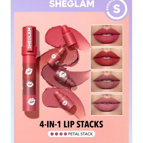 SHEGLAM Mega Lip Stacks 4 In 1 Creamy-Matte Brown Lipstick Kit High Pigment Non-Drying Portable Travel Lipstick Kit Lip Makeup Rosa