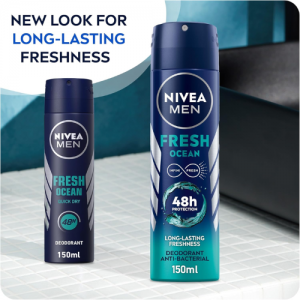 NIVEA MEN Deodorant Spray for Men, Fresh Ocean Aqua Scent, 2x150ml