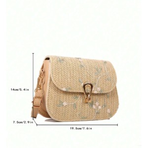 Floral Embroidery Straw Saddle Bag, Mini Woven Crossbody Bag, Women's Buckle Decor Flap Purse