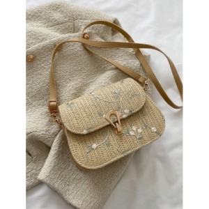 Floral Embroidery Straw Saddle Bag, Mini Woven Crossbody Bag, Women's Buckle Decor Flap Purse