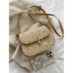 Floral Embroidery Straw Saddle Bag, Mini Woven Crossbody Bag, Women's Buckle Decor Flap Purse