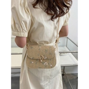 Floral Embroidery Straw Saddle Bag, Mini Woven Crossbody Bag, Women's Buckle Decor Flap Purse