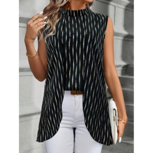 SHEIN Men'S Gold Print Stand Collar - Asymmetric Hemline Shirt