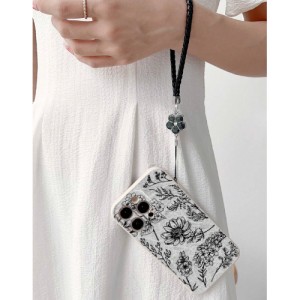 Beige Straight Edge Shockproof Protective Phone Case With Printed Five-petal Flowers And A Rope For Iphones, Samsung And Xiaomi