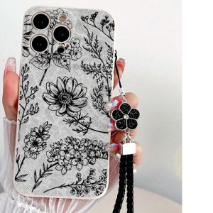 Beige Straight Edge Shockproof Protective Phone Case With Printed Five-petal Flowers And A Rope For Iphones, Samsung And Xiaomi