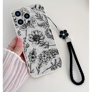 Beige Straight Edge Shockproof Protective Phone Case With Printed Five-petal Flowers And A Rope For Iphones, Samsung And Xiaomi