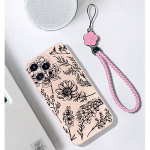 Beige Straight Edge Shockproof Protective Phone Case With Printed Five-petal Flowers And A Rope For Iphones, Samsung