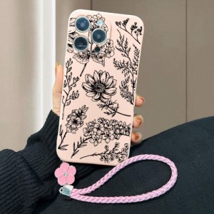 Beige Straight Edge Shockproof Protective Phone Case With Printed Five-petal Flowers And A Rope For Iphones, Samsung