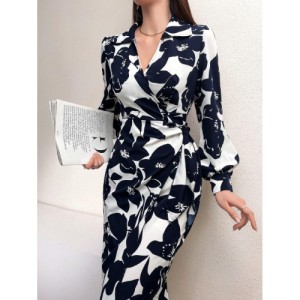 SHEIN Mulvari Women's Floral Print Lantern Sleeve Dress