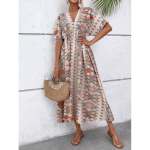 SHEIN VCAY Allover Print Batwing Sleeve Dress