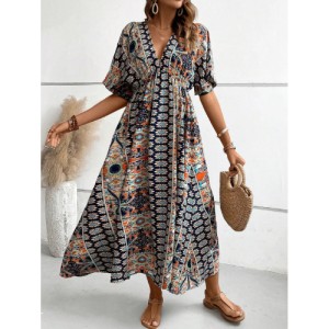 SHEIN VCAY Allover Print Batwing Sleeve Dress