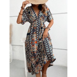 SHEIN VCAY Allover Print Batwing Sleeve Dress