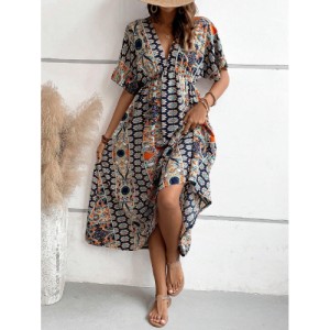 SHEIN VCAY Allover Print Batwing Sleeve Dress