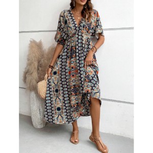 SHEIN VCAY Allover Print Batwing Sleeve Dress