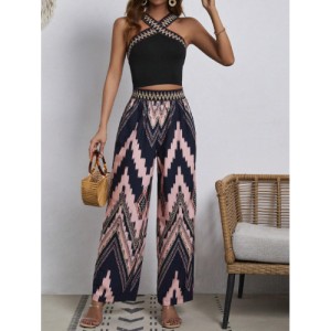 SHEIN VCAY Geo Print Wide Strap Top & Wide Leg Pants