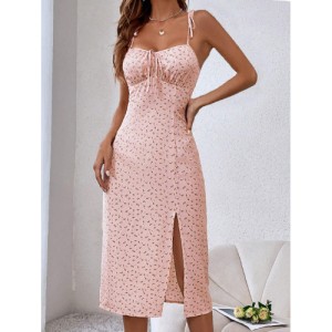 SHEIN Frenchy Tie Detail Pleated Design Front Slit Long Cami Dress