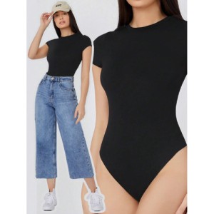 SHEIN BASICS Solid Slim Tee Bodysuit Cap Sleeve